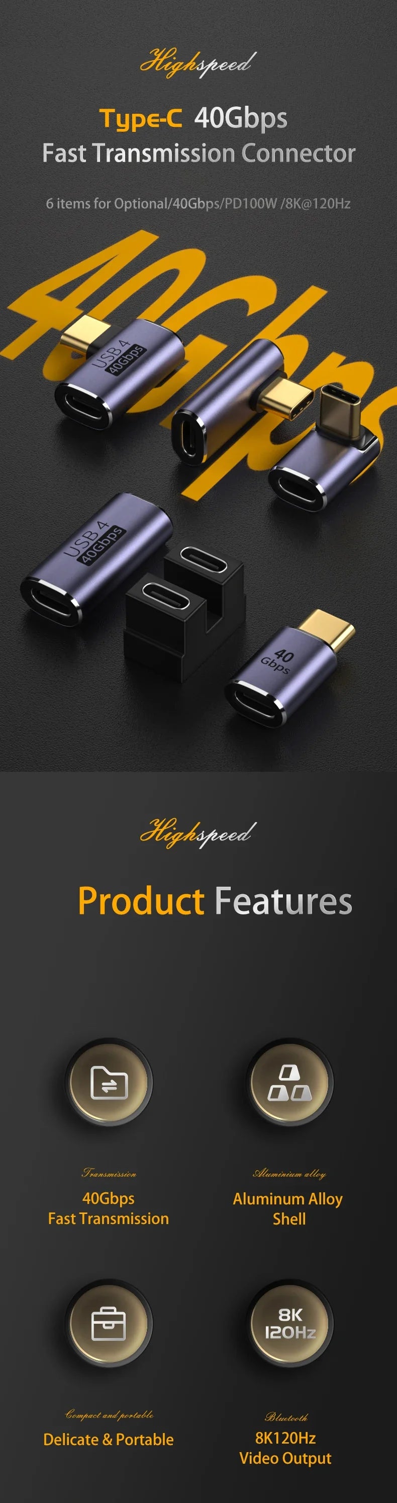 USB 4.0 PD 100W 8K 60Hz Charger Connector for Macbook 40Gbps High Speed USB C OTG U-Shape Straight Angle Male to Female Adapter by DarkByteGear