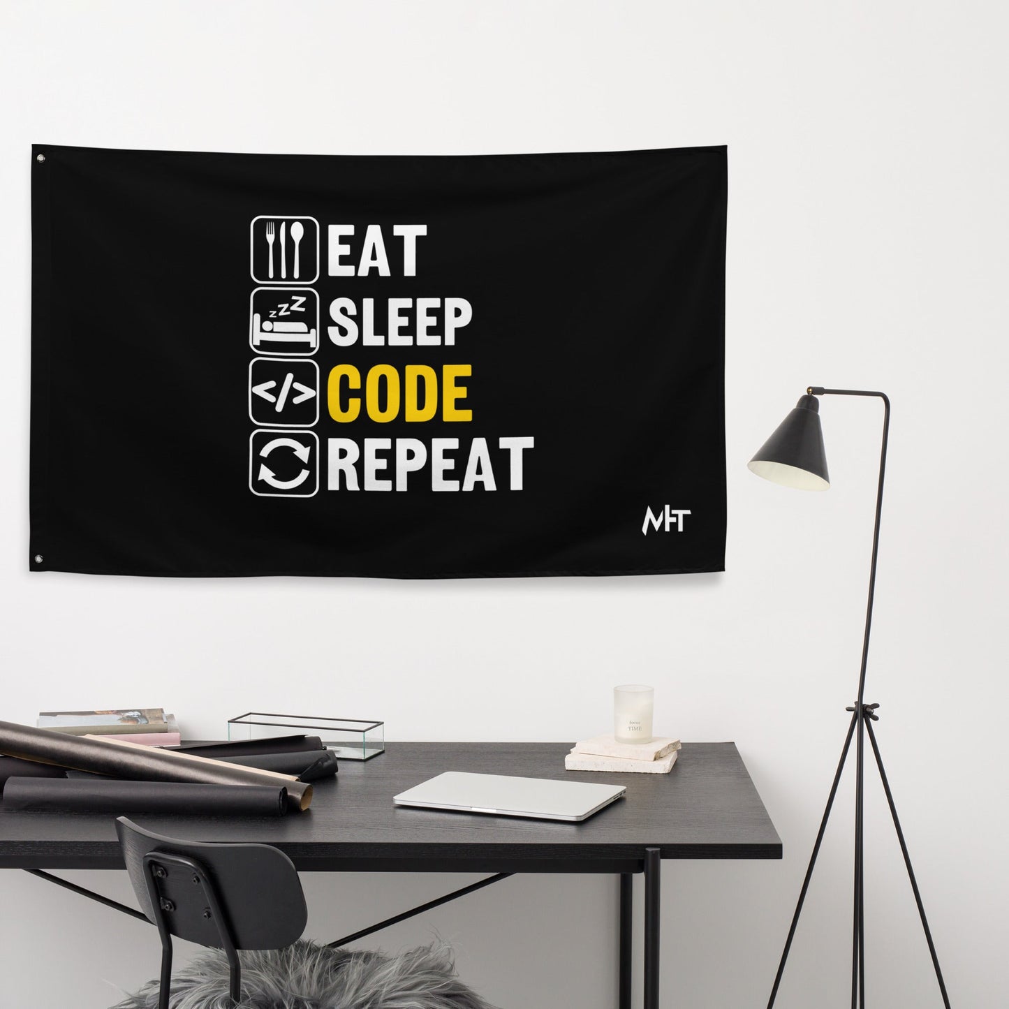 Eat Sleep Code Repeat ( Yellow Text ) - Flag by DarkByteGear