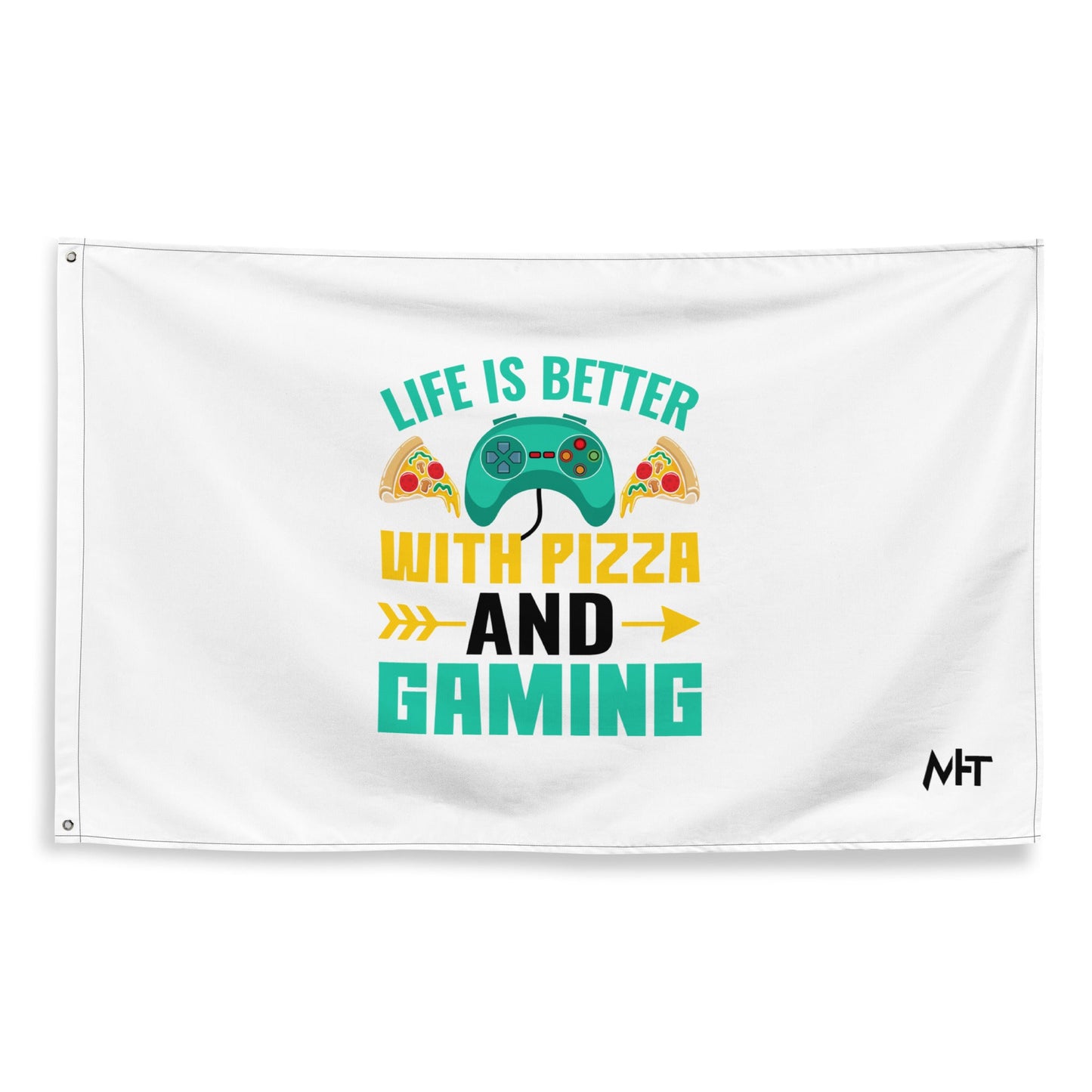 Life is Better With Pizza and Gaming Rima 14 in Dark Text - Flag by DarkByteGear