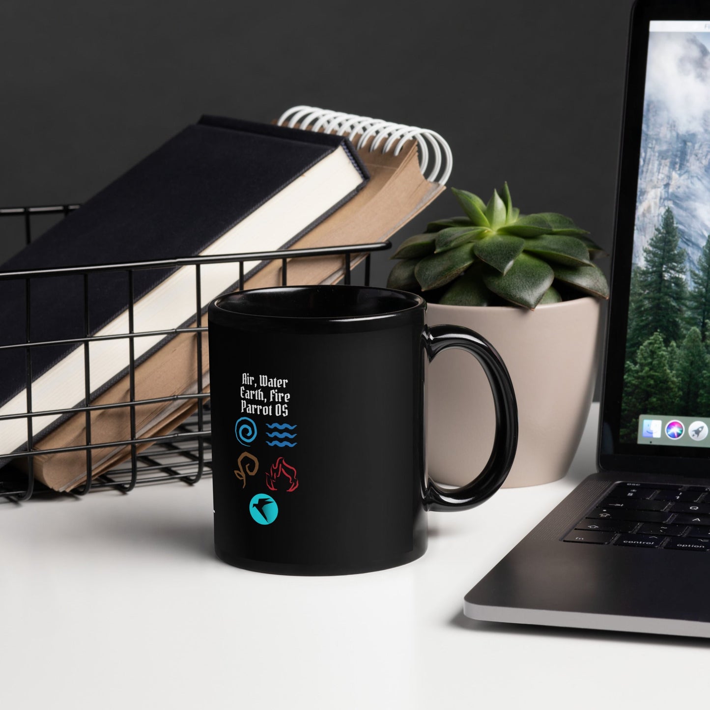 Air, Water, Earth, Fire, Parrot OS - Black Glossy Mug by DarkByteGear