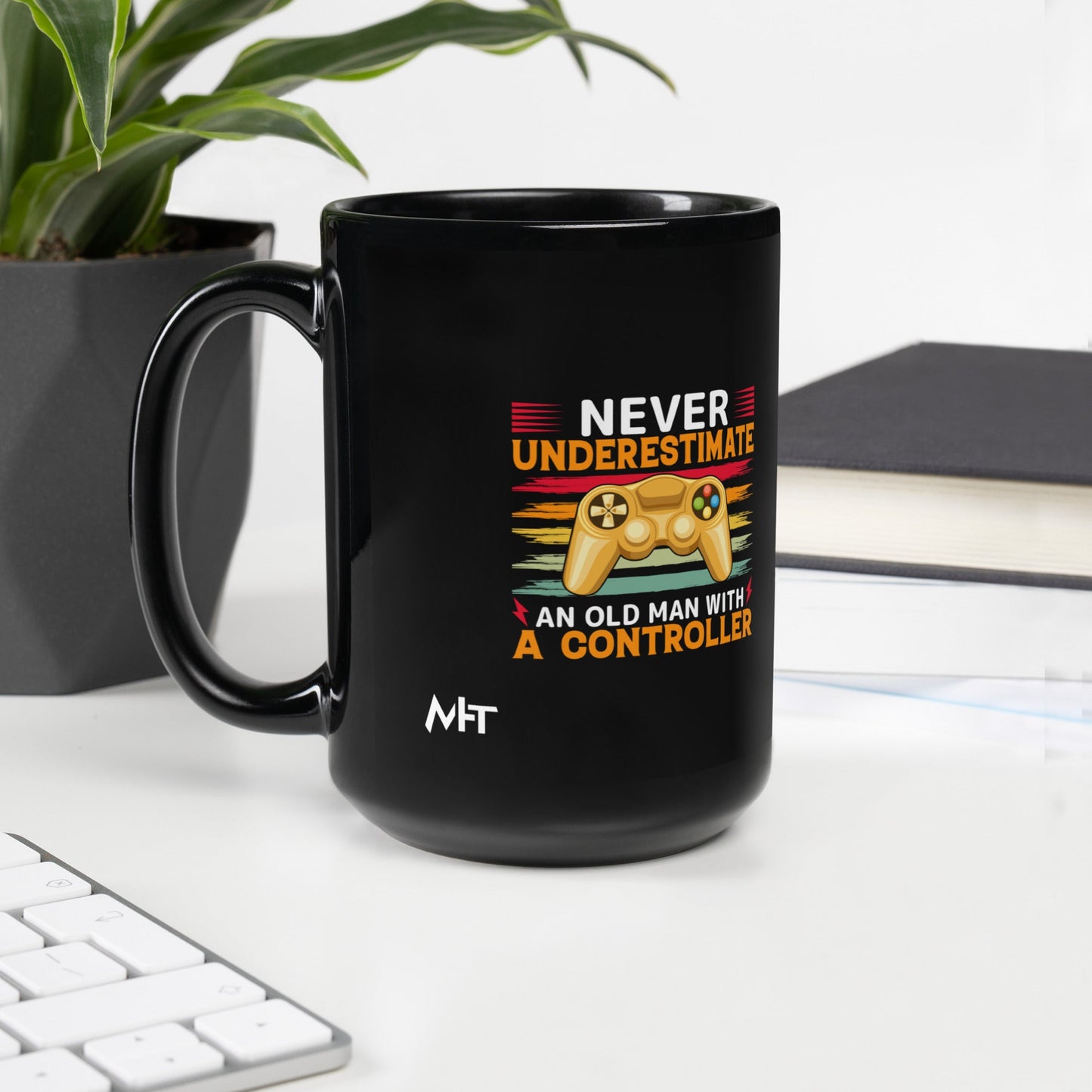 Never Underestimate an old man with a controller - Black Glossy Mug by DarkByteGear