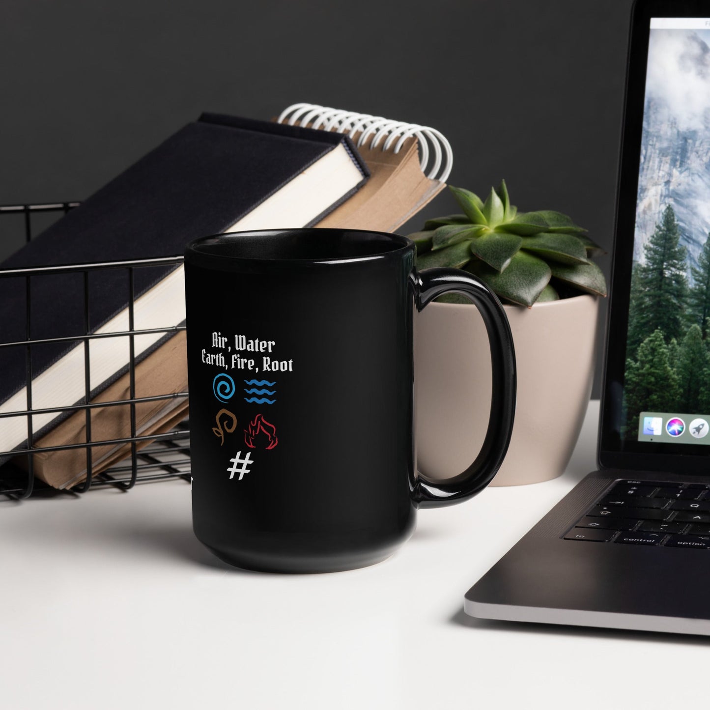 Air, Water, Earth, Fire, Root - Black Glossy Mug by DarkByteGear