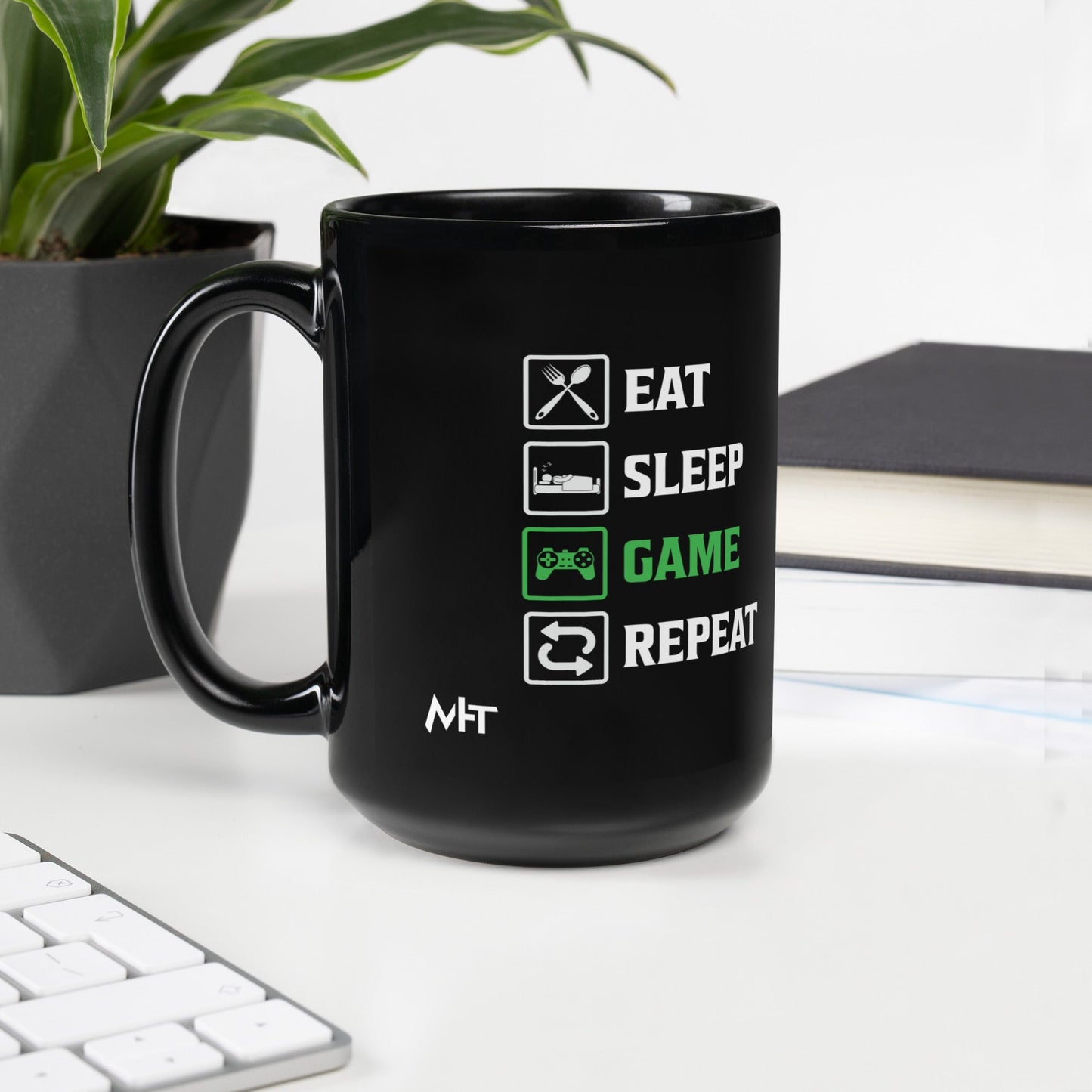 Eat, Sleep, GAME, Repeat - Black Glossy Mug by DarkByteGear