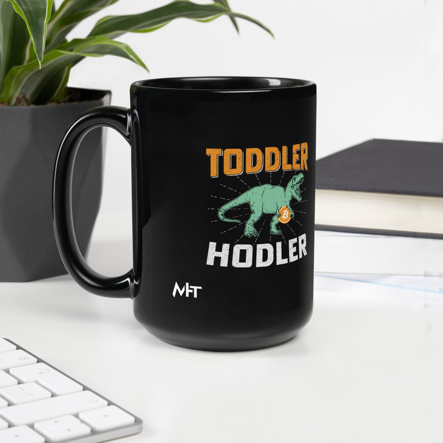 Toddler Bitcoin T-rex Holder - Black Glossy Mug by DarkByteGear