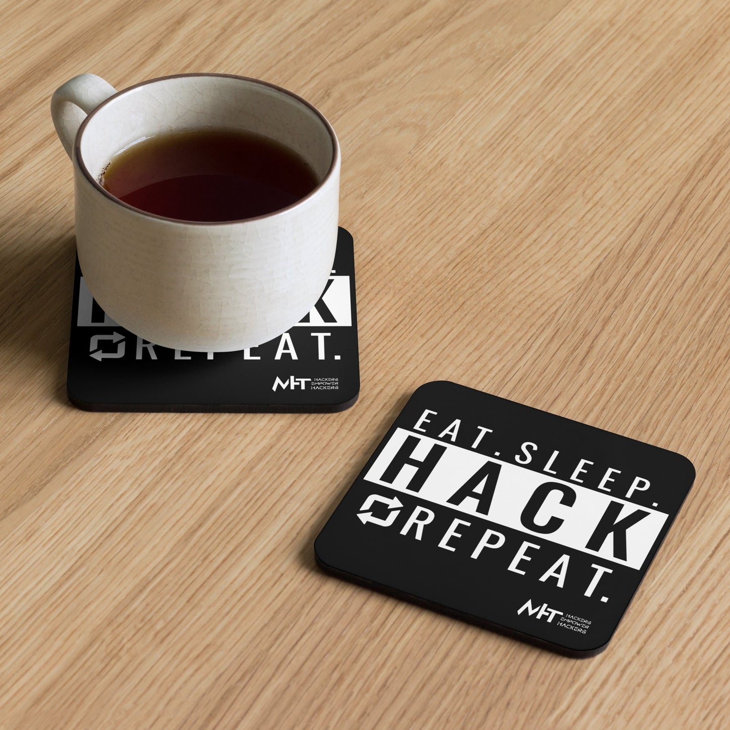 Eat sleep hack repeat - Cork-back coaster by DarkByteGear
