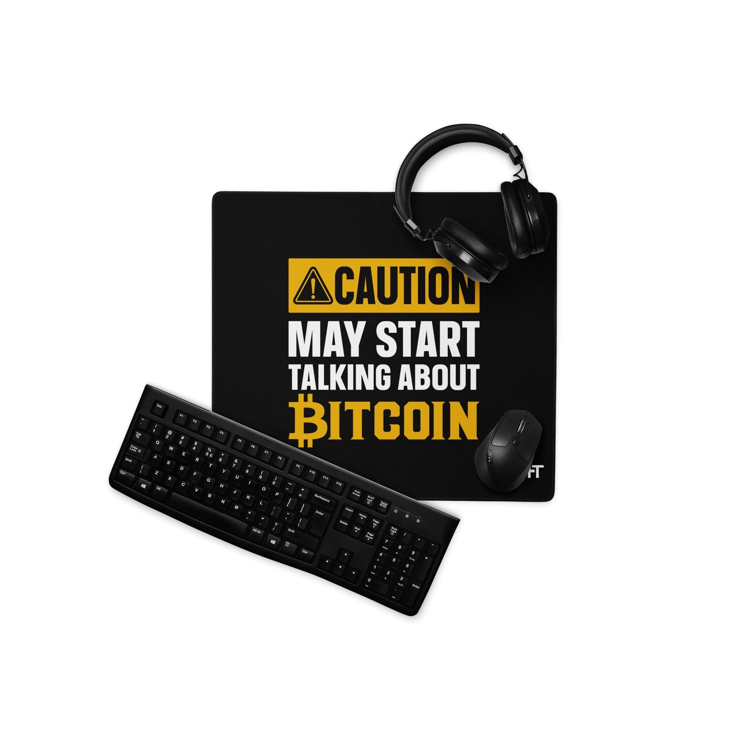 Caution! May start talking about Bitcoin - Desk Mat by DarkByteGear