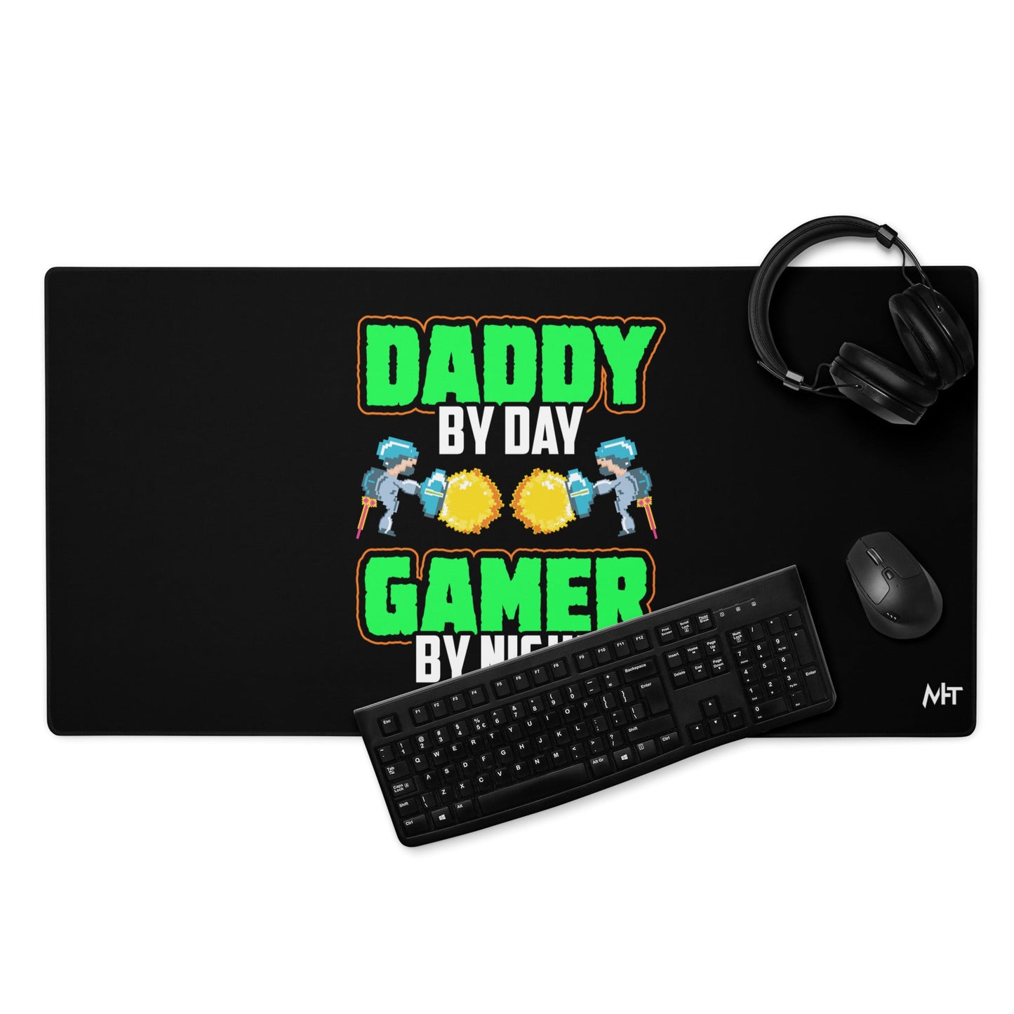 Daddy by Day, Gamer by Night ( Green text ) - Desk Mat by DarkByteGear