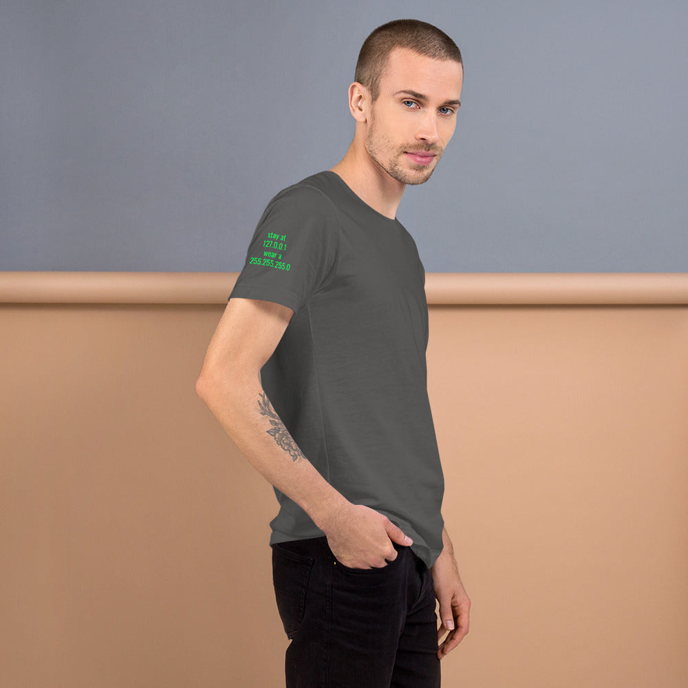 stay at at home, wear a mask - Short-Sleeve Unisex T-Shirt (with back design) by DarkByteGear