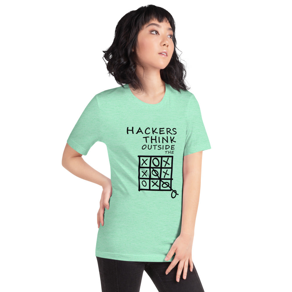 Hackers think outside the box - Short-Sleeve Unisex T-Shirt (black text) by DarkByteGear