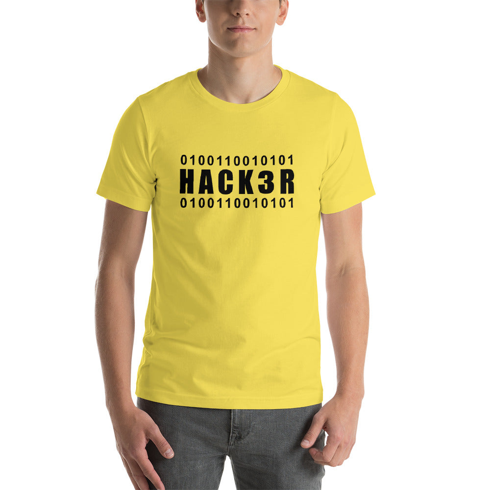 0100110010101 Hack3r - Short-Sleeve Unisex T-Shirt (black text) by DarkByteGear