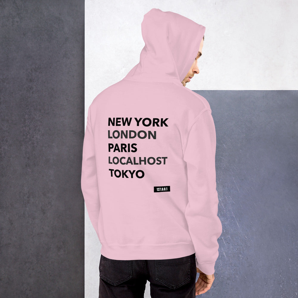 New York London Paris Localhost Tokyo 127.0.0.1 - Unisex Hoodie (black text) by DarkByteGear