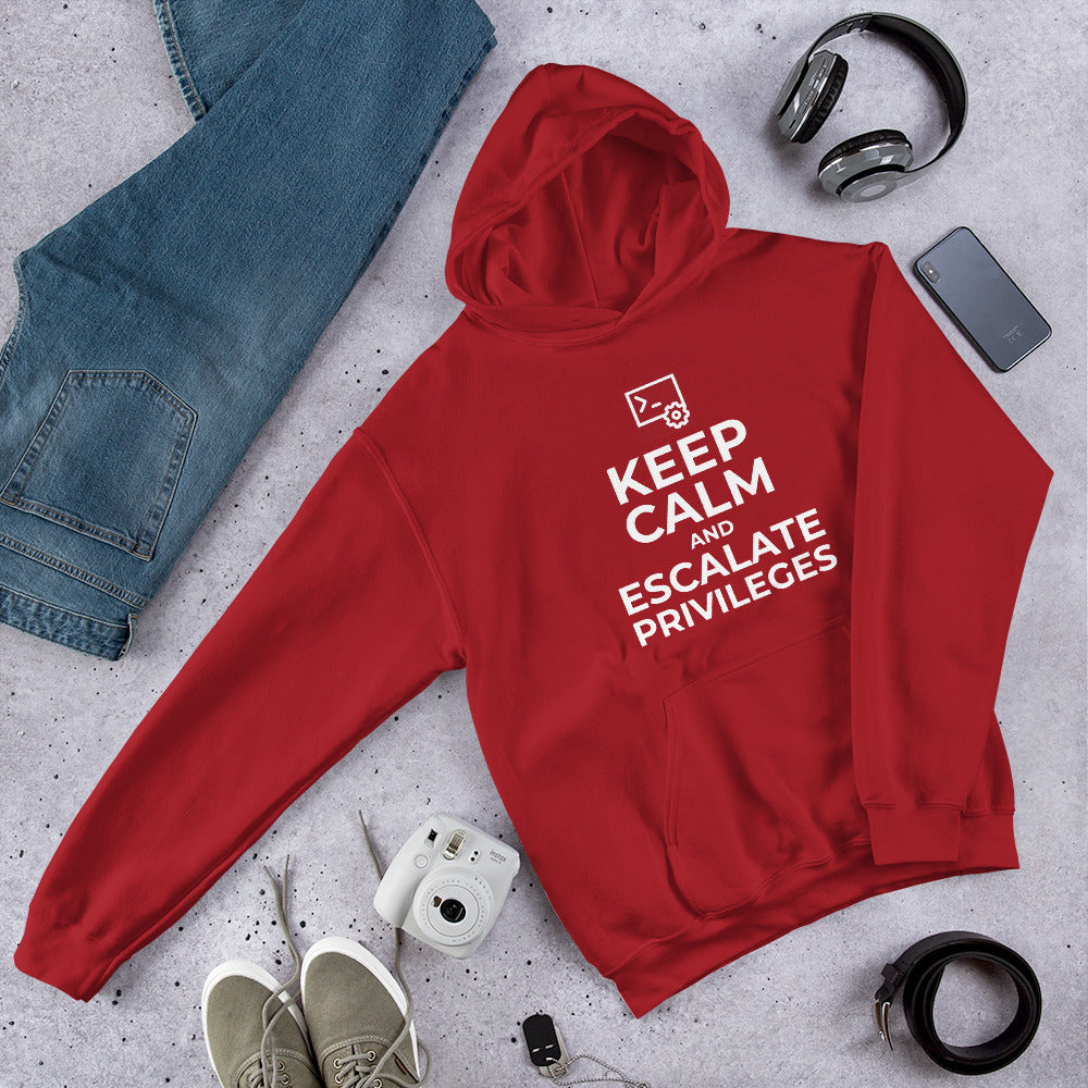 Keep calm and escalate privileges - Unisex Hoodie (white text) by DarkByteGear