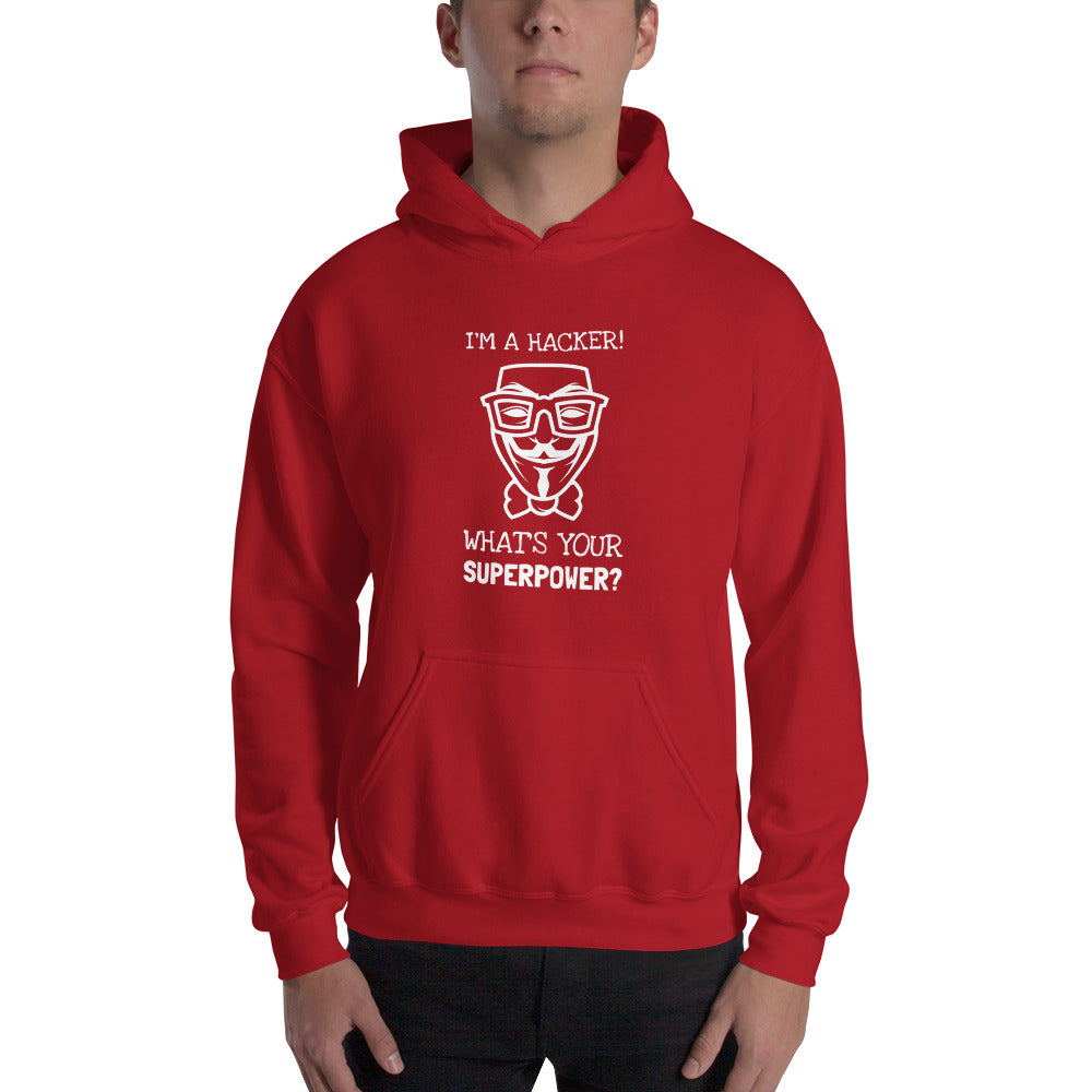 I'm a hacker! What's your superpower? - Hooded Sweatshirt (white text) by DarkByteGear