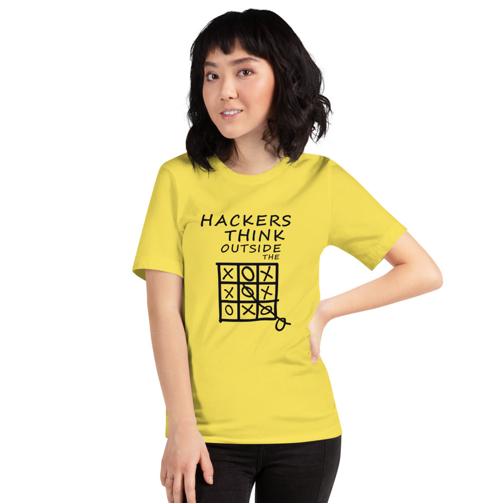 Hackers think outside the box - Short-Sleeve Unisex T-Shirt (black text) by DarkByteGear