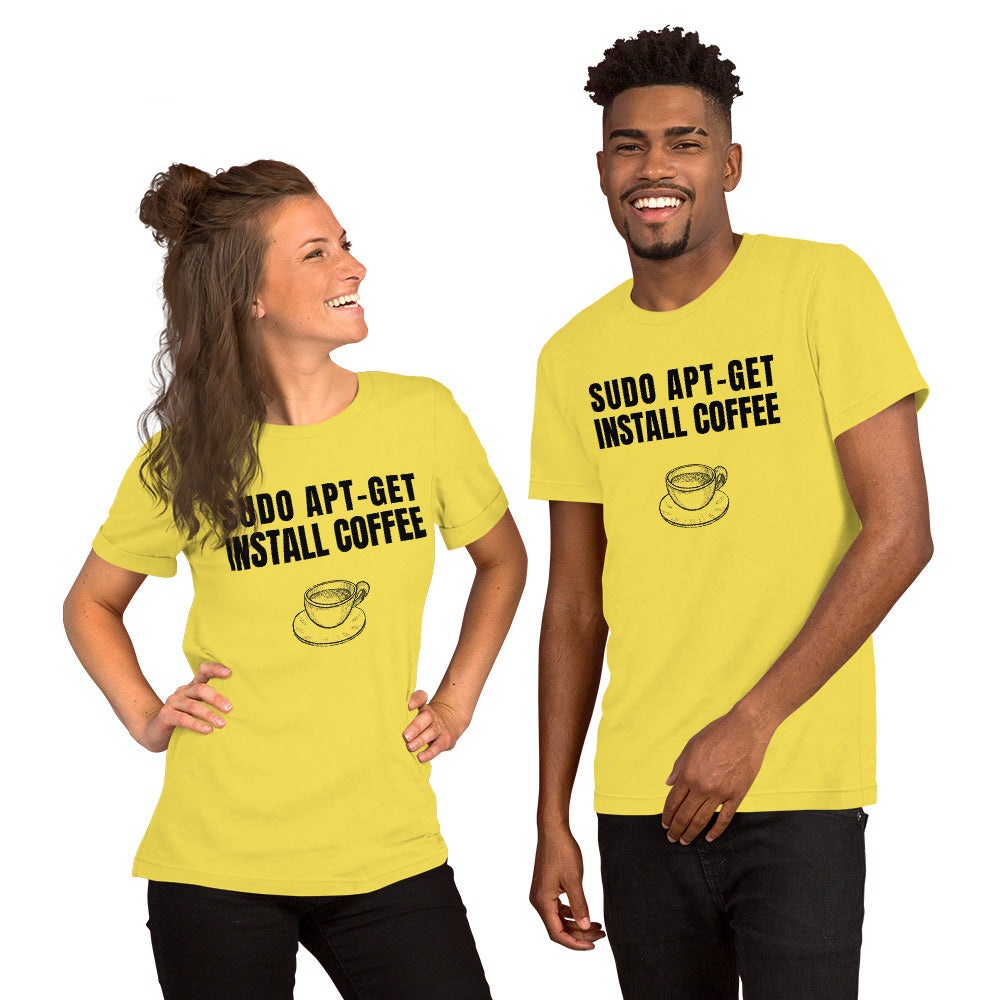 SUDO APT-GET INSTALL COFFEE - Short-Sleeve Unisex T-Shirt (black text) by DarkByteGear