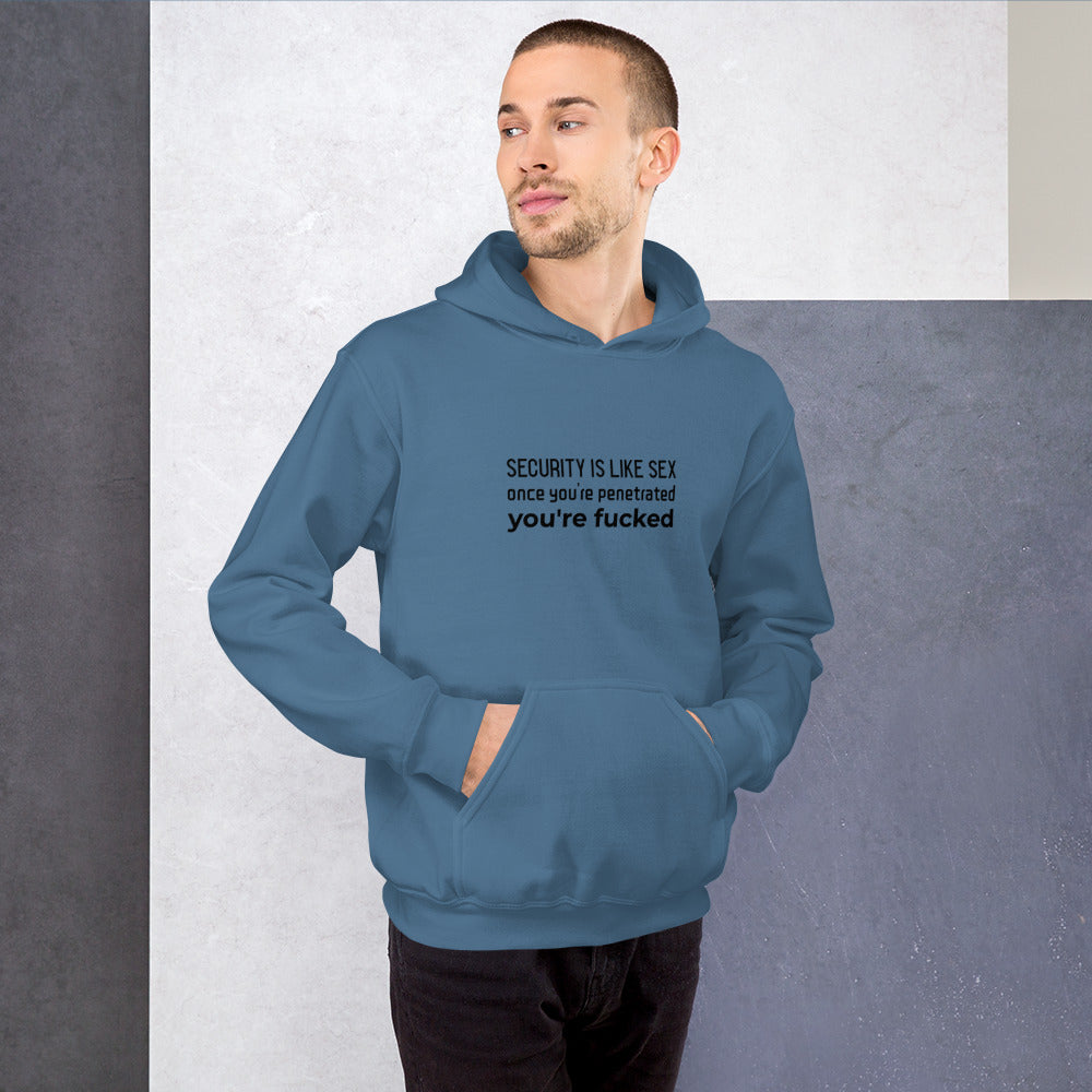 Security is like sex, once you're penetrated, you're fucked - Unisex Hoodie (black text) by DarkByteGear