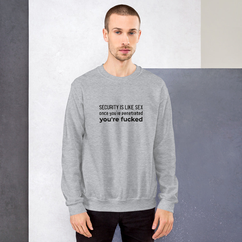 Security is like sex, once you're penetrated, you're fucked - Unisex Sweatshirt (black text) by DarkByteGear