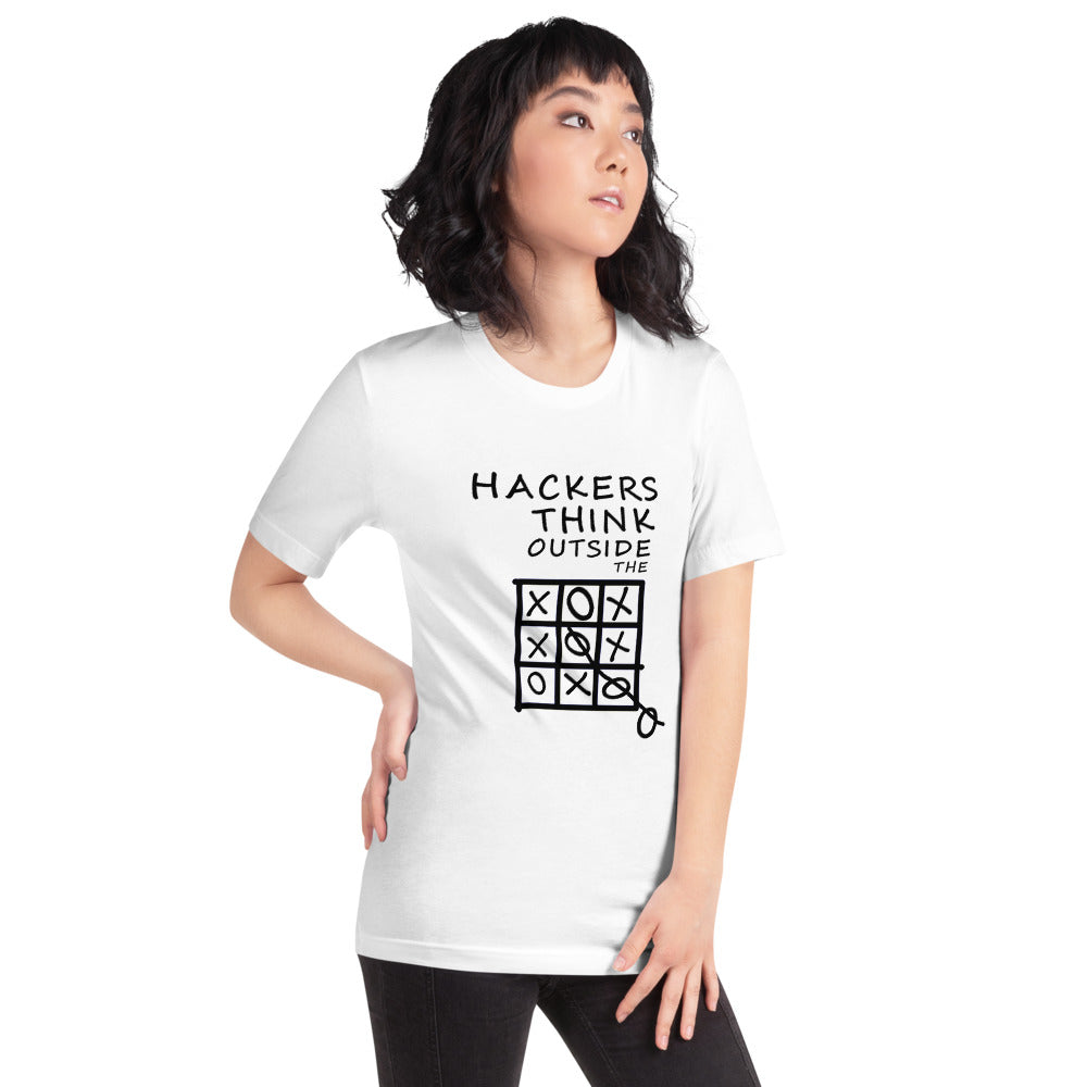 Hackers think outside the box - Short-Sleeve Unisex T-Shirt (black text) by DarkByteGear
