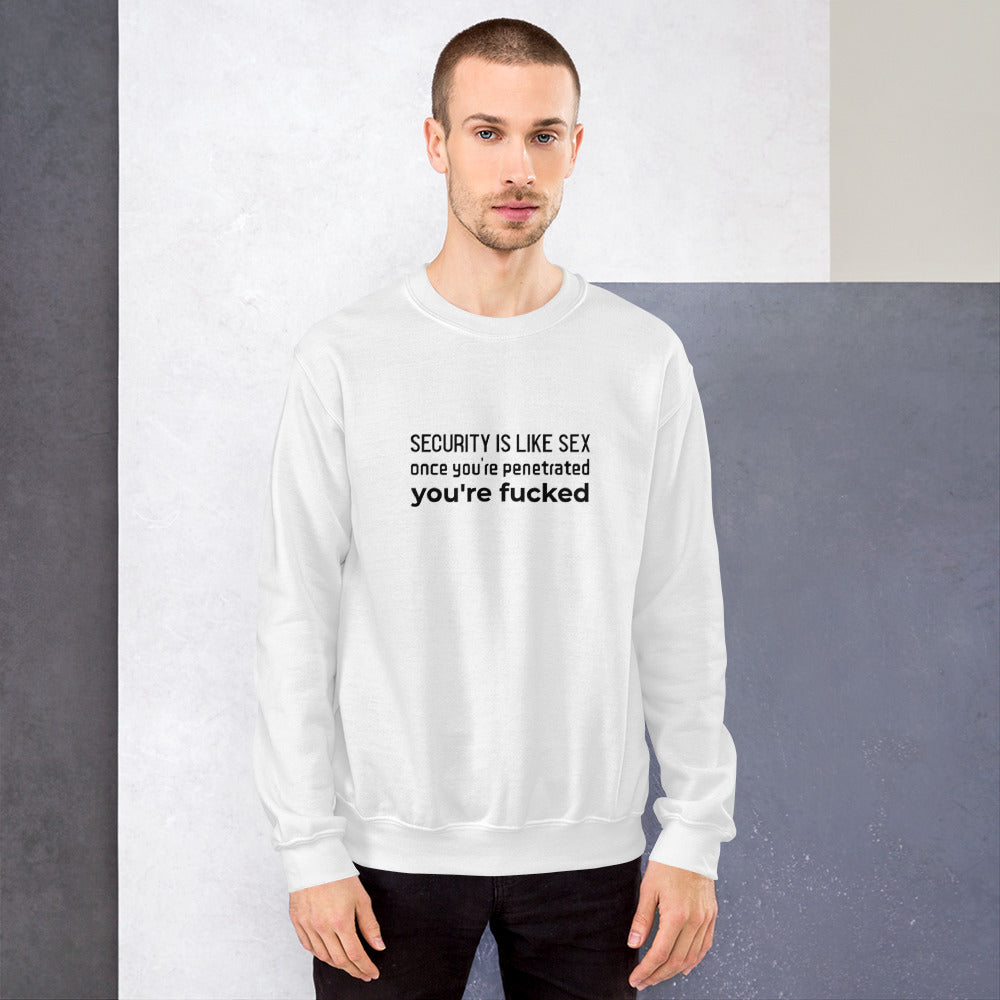 Security is like sex, once you're penetrated, you're fucked - Unisex Sweatshirt (black text) by DarkByteGear