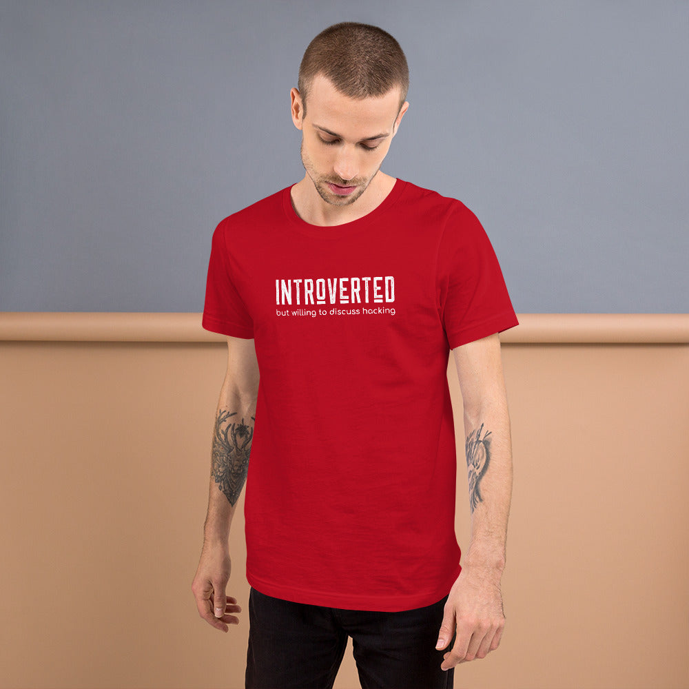 Introverted but willing to discuss hacking - Short-Sleeve Unisex T-Shirt (white text) by DarkByteGear
