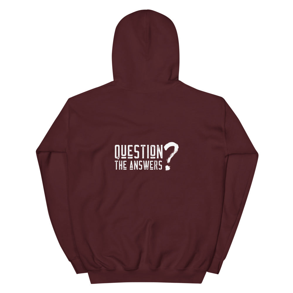 Question the answers - Unisex Hoodie (white text) by DarkByteGear