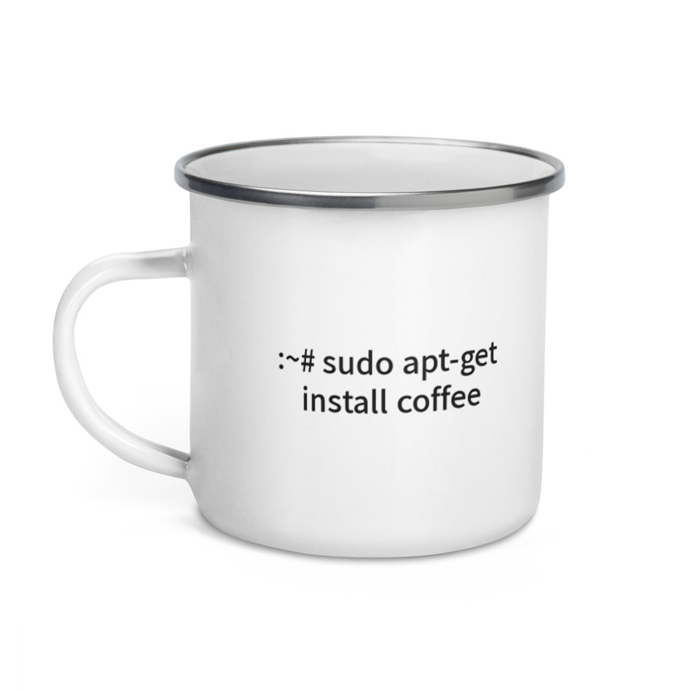 sudo apt-get install coffee - Enamel Mug by DarkByteGear