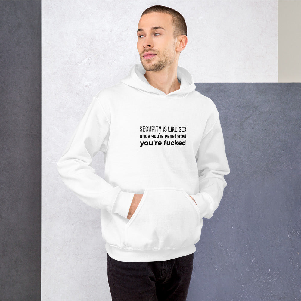 Security is like sex, once you're penetrated, you're fucked - Unisex Hoodie (black text) by DarkByteGear