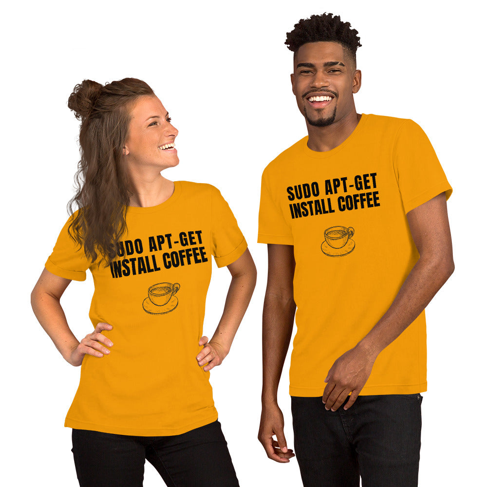 SUDO APT-GET INSTALL COFFEE - Short-Sleeve Unisex T-Shirt (black text) by DarkByteGear