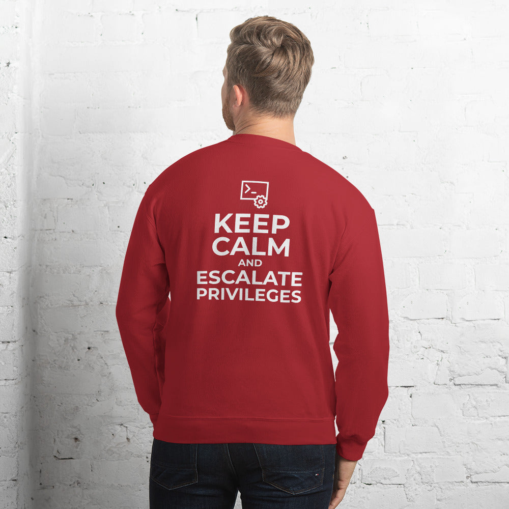 Keep calm and escalate privileges - Unisex Sweatshirt (white text) by DarkByteGear