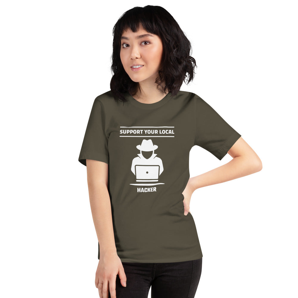 Support your local hacker - Short-Sleeve Unisex T-Shirt (white text) by DarkByteGear