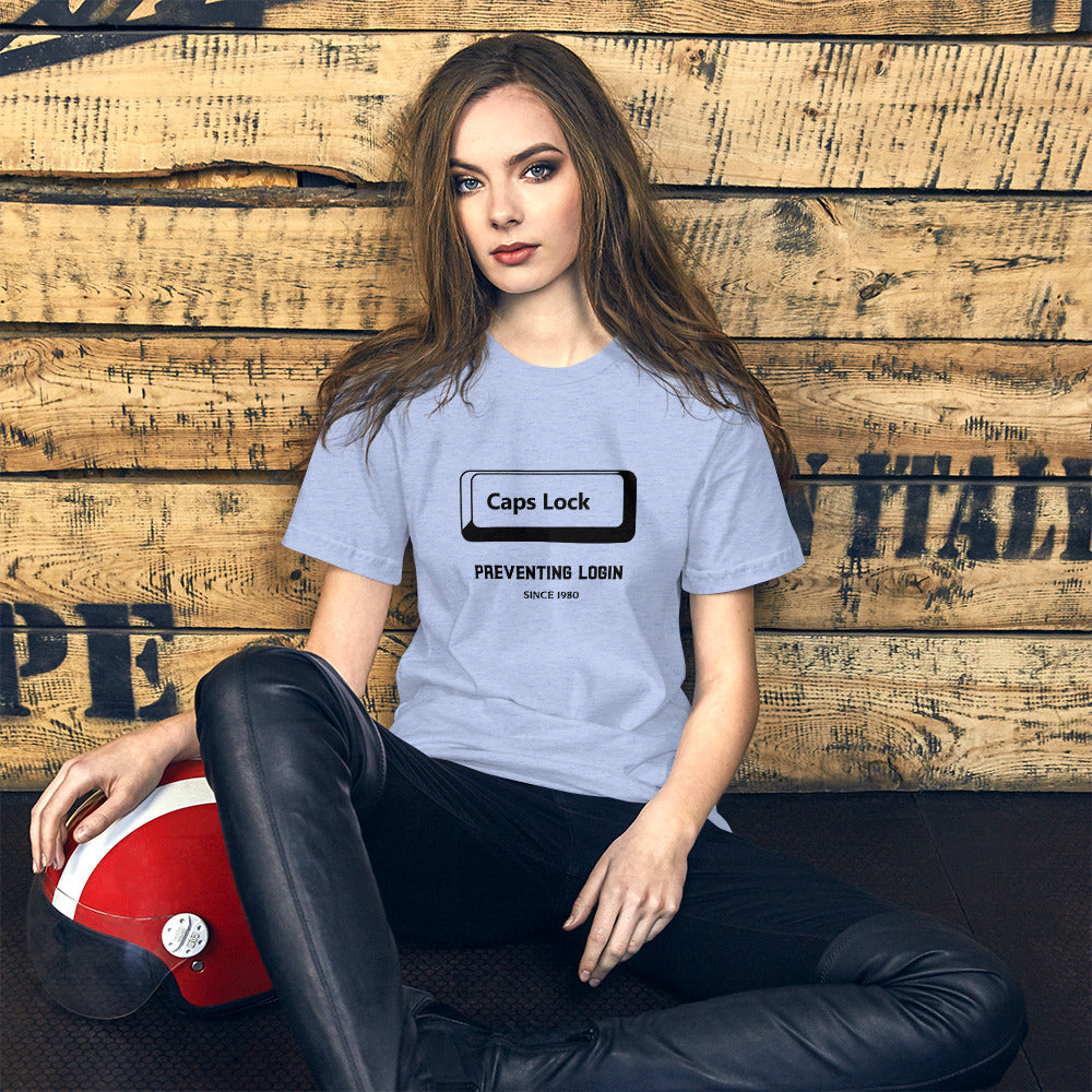 Caps Lock preventing login since 1980 - Short-Sleeve Unisex T-Shirt (black text) by DarkByteGear