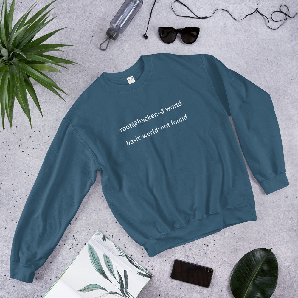 root@hacker:~# world bash: world: not found - Sweatshirt (white text) by DarkByteGear