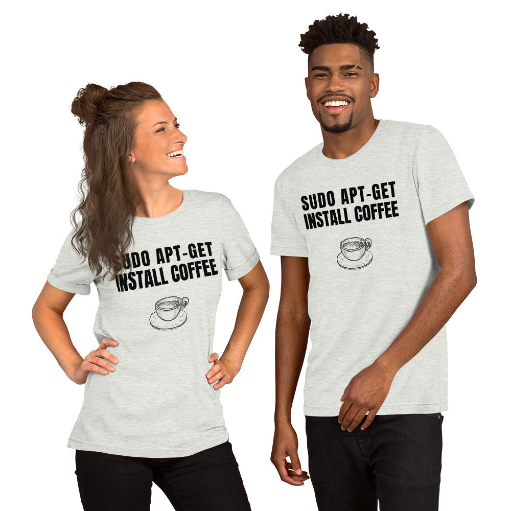 SUDO APT-GET INSTALL COFFEE - Short-Sleeve Unisex T-Shirt (black text) by DarkByteGear