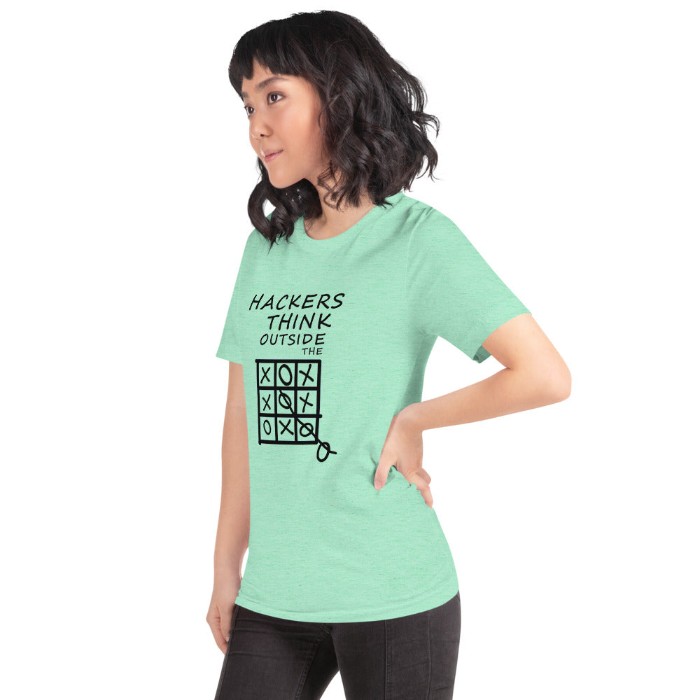 Hackers think outside the box - Short-Sleeve Unisex T-Shirt (black text) by DarkByteGear