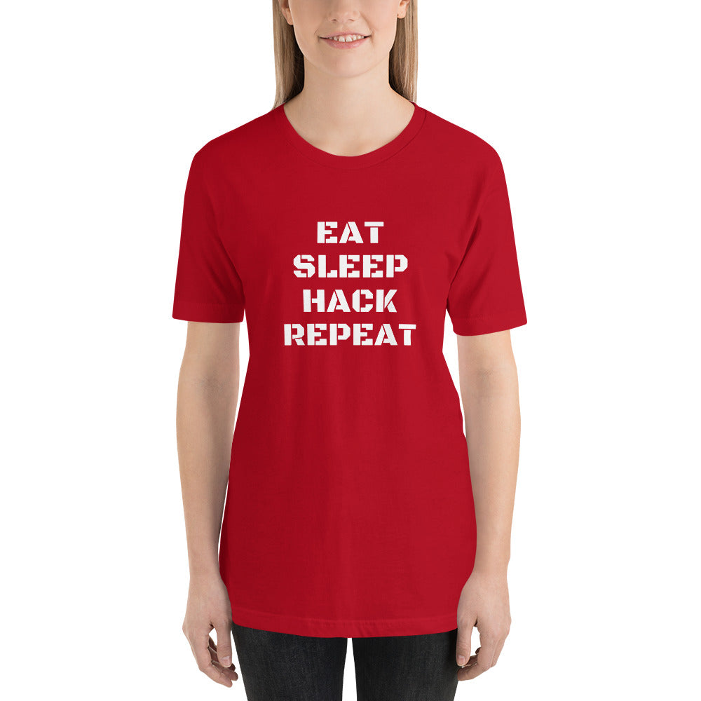EAT SLEEP HACK REPEAT - Short-Sleeve Unisex T-Shirt (white text) by DarkByteGear