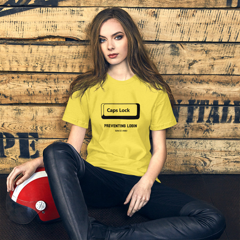 Caps Lock preventing login since 1980 - Short-Sleeve Unisex T-Shirt (black text) by DarkByteGear