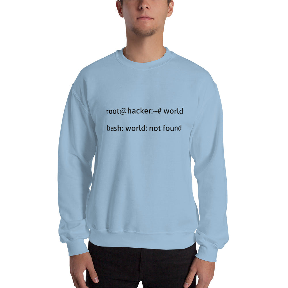 root@hacker:~# world bash: world: not found - Sweatshirt (black text) by DarkByteGear