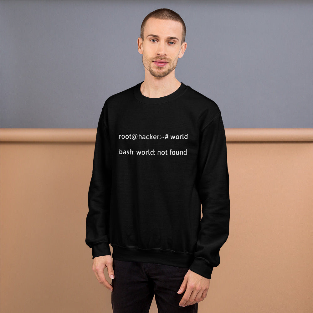 root@hacker:~# world bash: world: not found - Sweatshirt (white text) by DarkByteGear