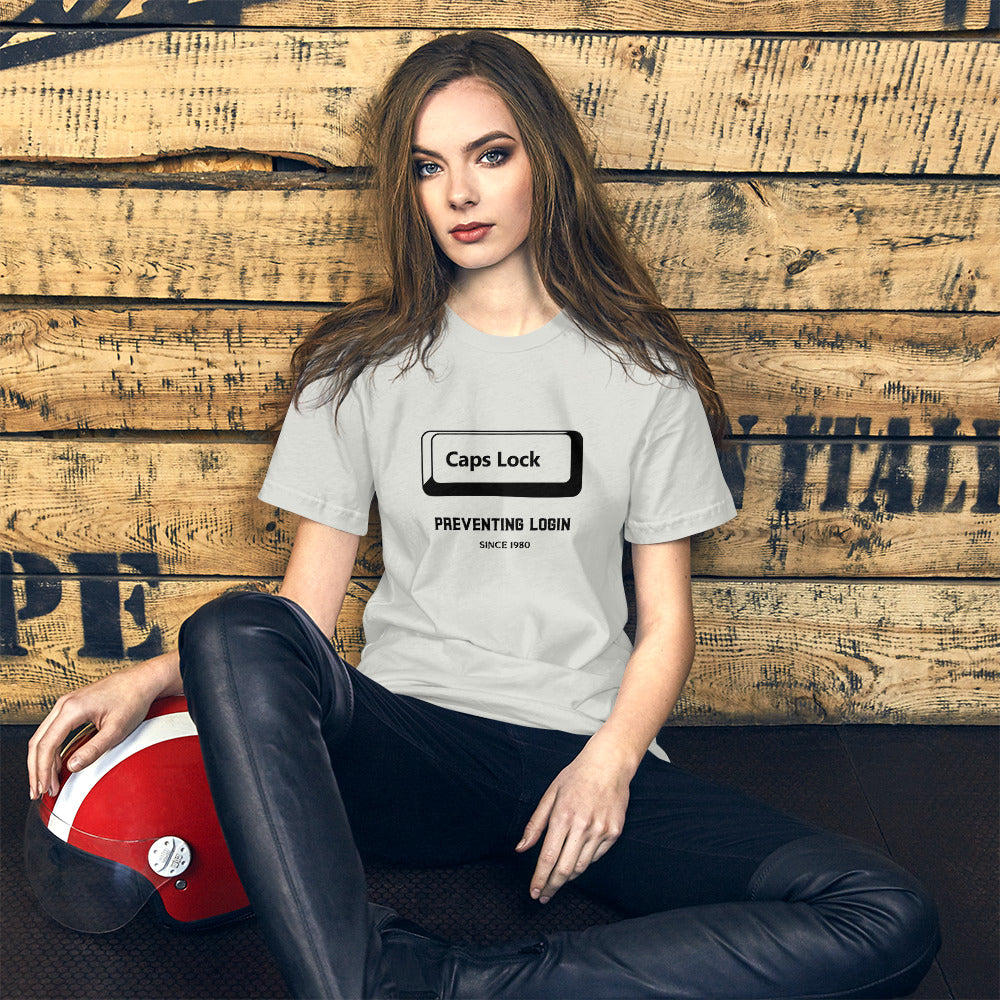 Caps Lock preventing login since 1980 - Short-Sleeve Unisex T-Shirt (black text) by DarkByteGear