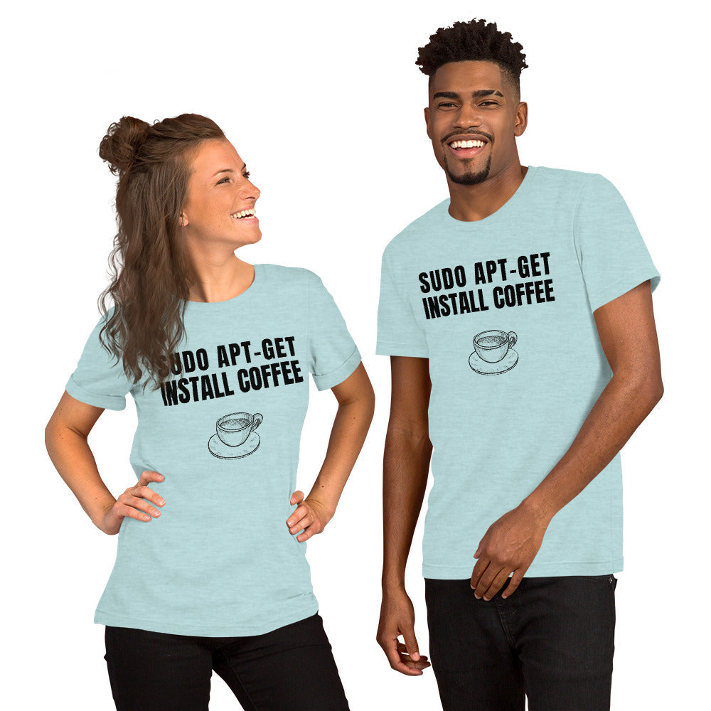 SUDO APT-GET INSTALL COFFEE - Short-Sleeve Unisex T-Shirt (black text) by DarkByteGear