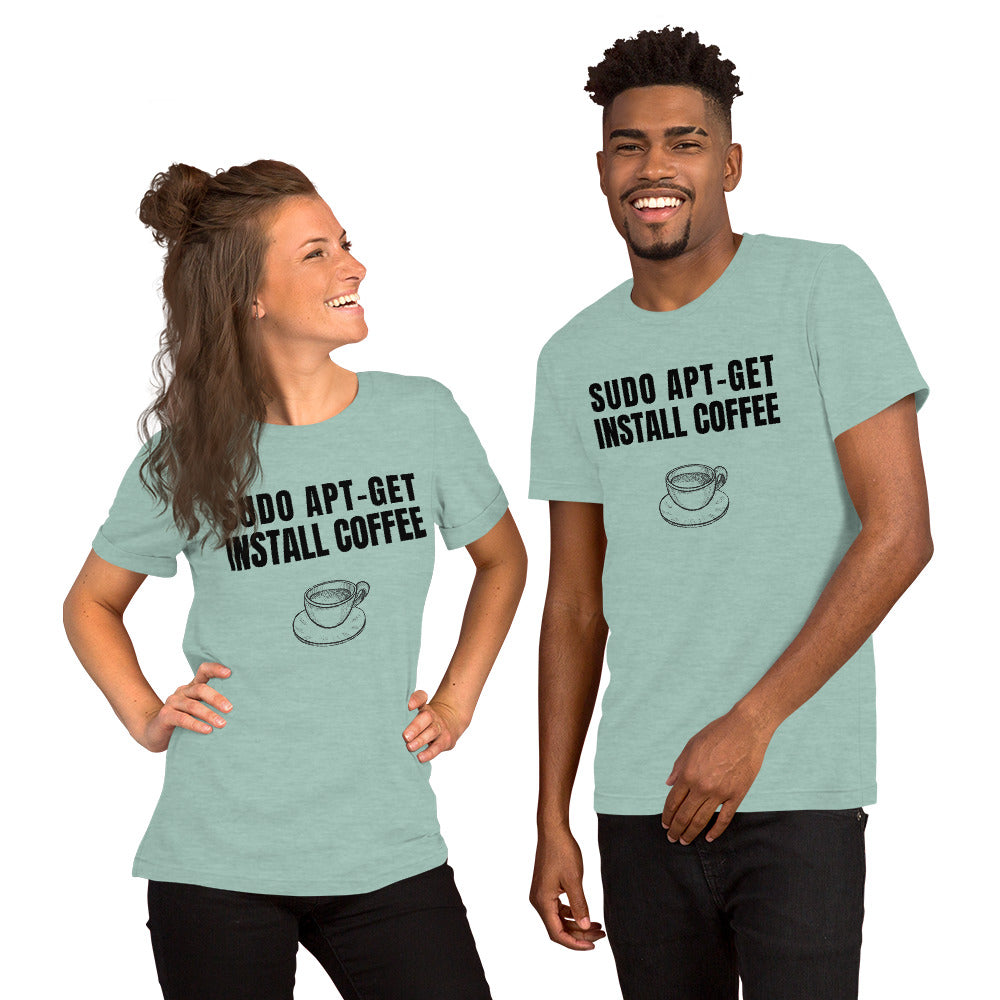SUDO APT-GET INSTALL COFFEE - Short-Sleeve Unisex T-Shirt (black text) by DarkByteGear