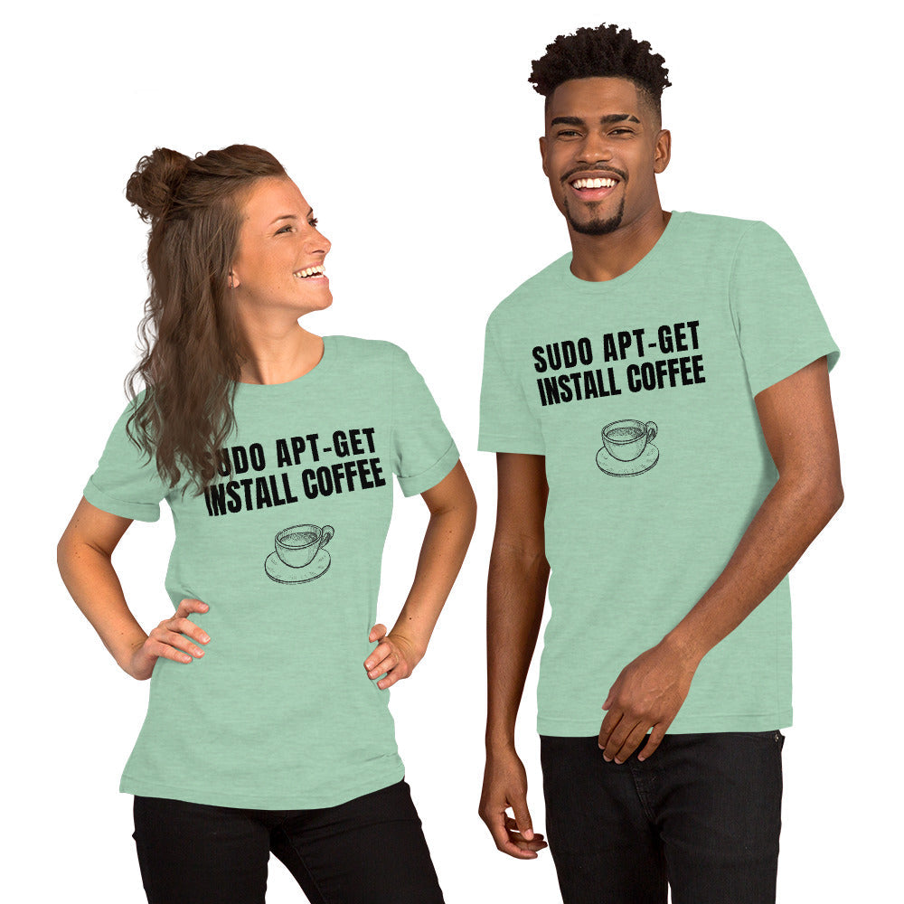 SUDO APT-GET INSTALL COFFEE - Short-Sleeve Unisex T-Shirt (black text) by DarkByteGear