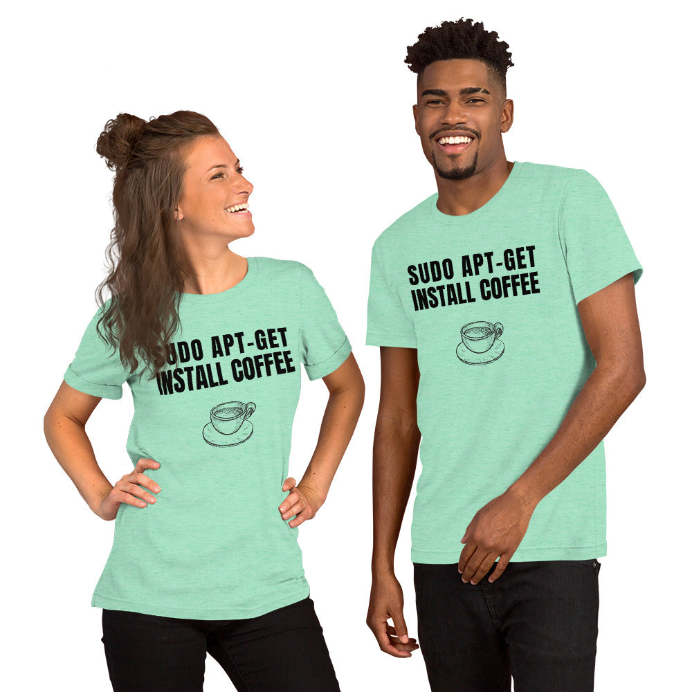 SUDO APT-GET INSTALL COFFEE - Short-Sleeve Unisex T-Shirt (black text) by DarkByteGear