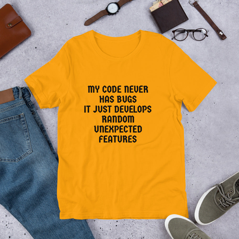 MY CODE NEVER HAS BUGS - Short-Sleeve Unisex T-Shirt (black text) by DarkByteGear