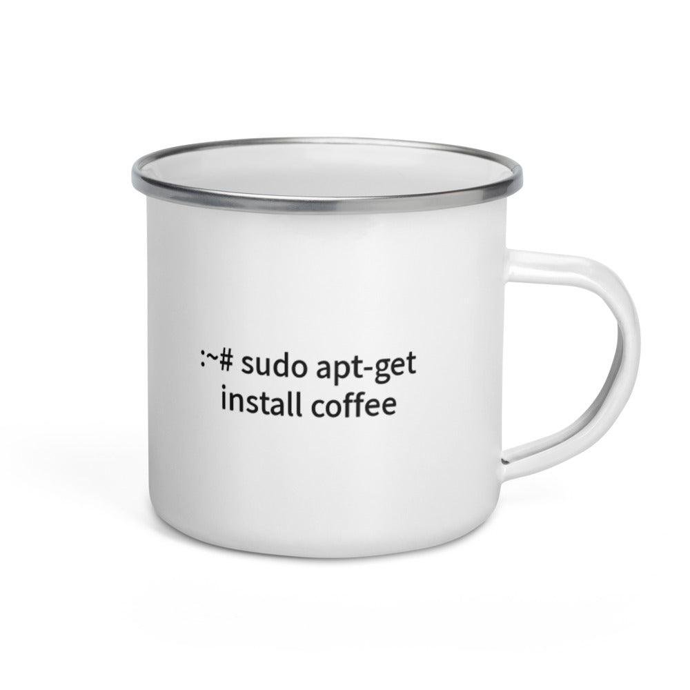 sudo apt-get install coffee - Enamel Mug by DarkByteGear