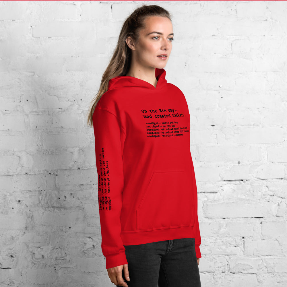 On the 8th day God created hackers - Unisex Hoodie (front + sleeve print) by DarkByteGear
