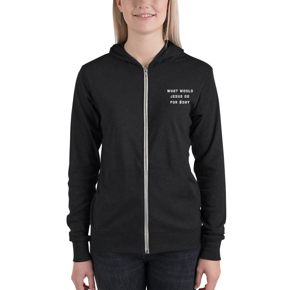What would Jesus do for 0day - Unisex zip hoodie by DarkByteGear
