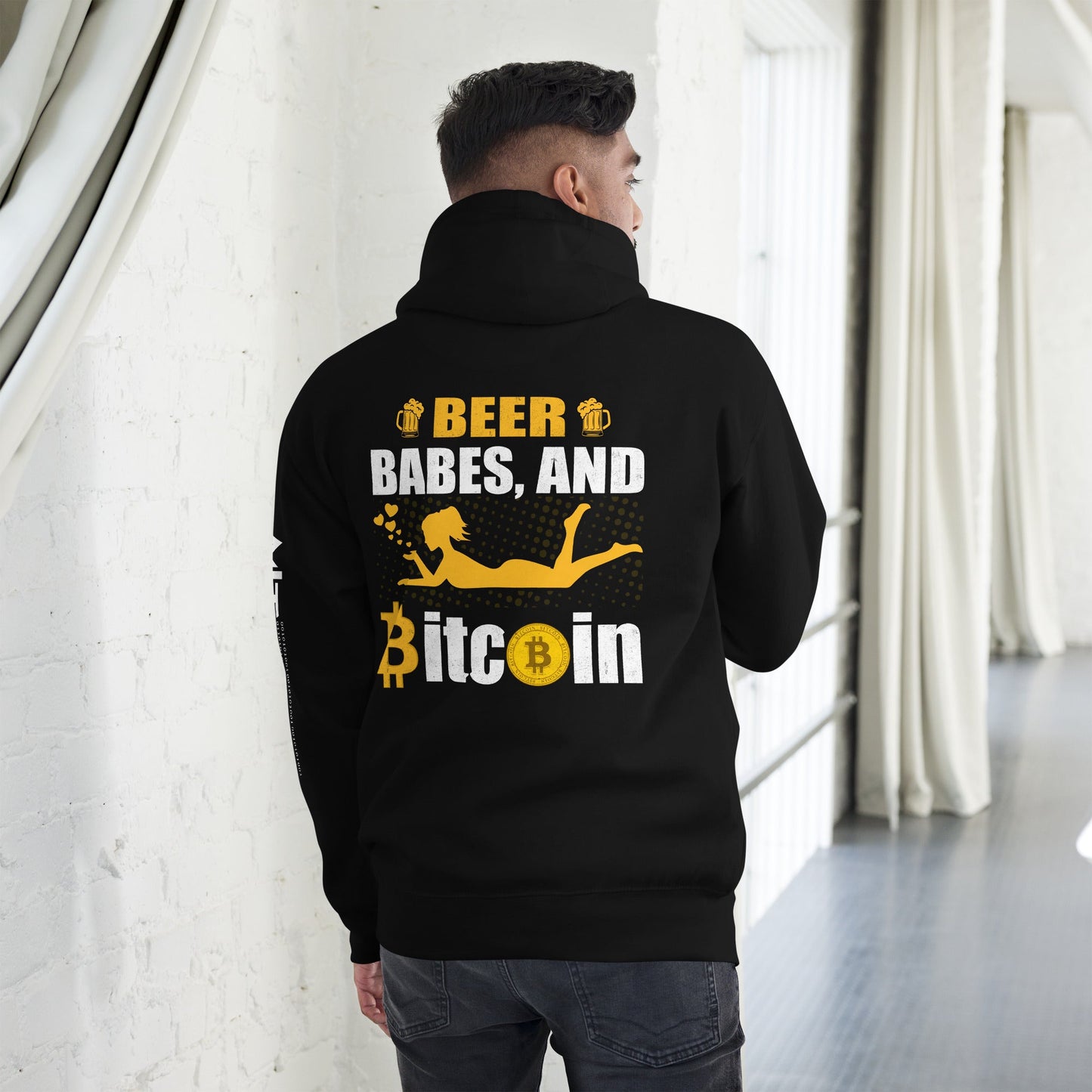 Beer, Babe and Bitcoin Unisex Hoodie ( Back Print ) by DarkByteGear