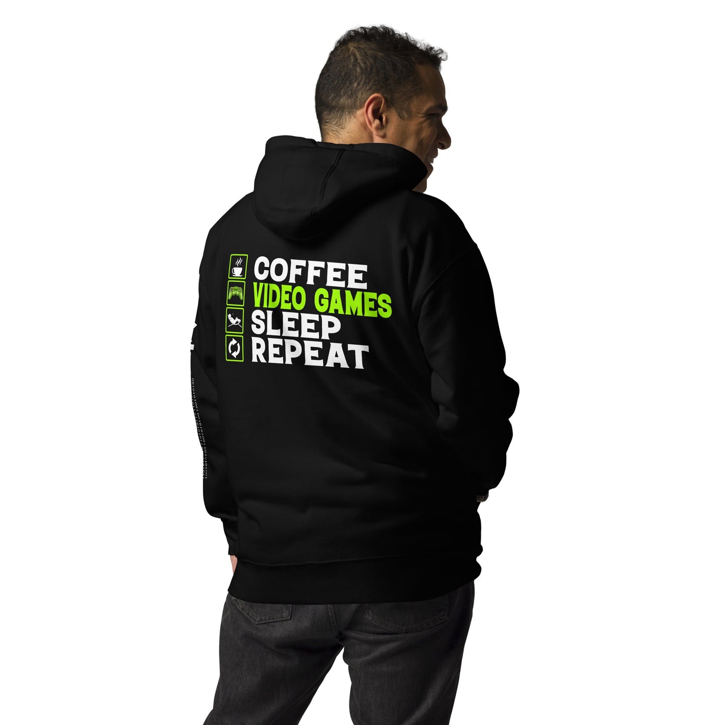 Coffee, Video Games, Sleep, Repeat Unisex Hoodie ( Back Print ) by DarkByteGear