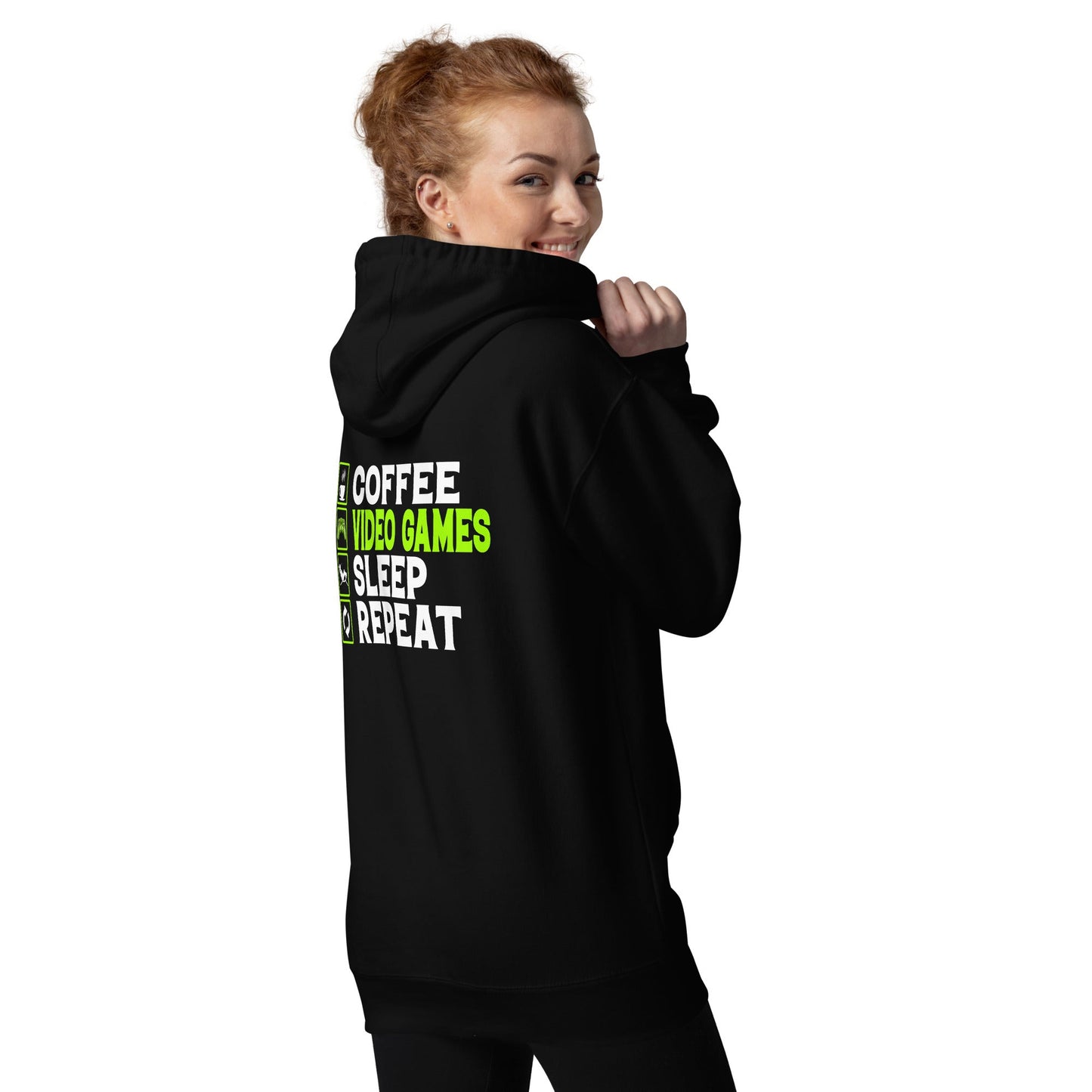 Coffee, Video Games, Sleep, Repeat Unisex Hoodie ( Back Print ) by DarkByteGear